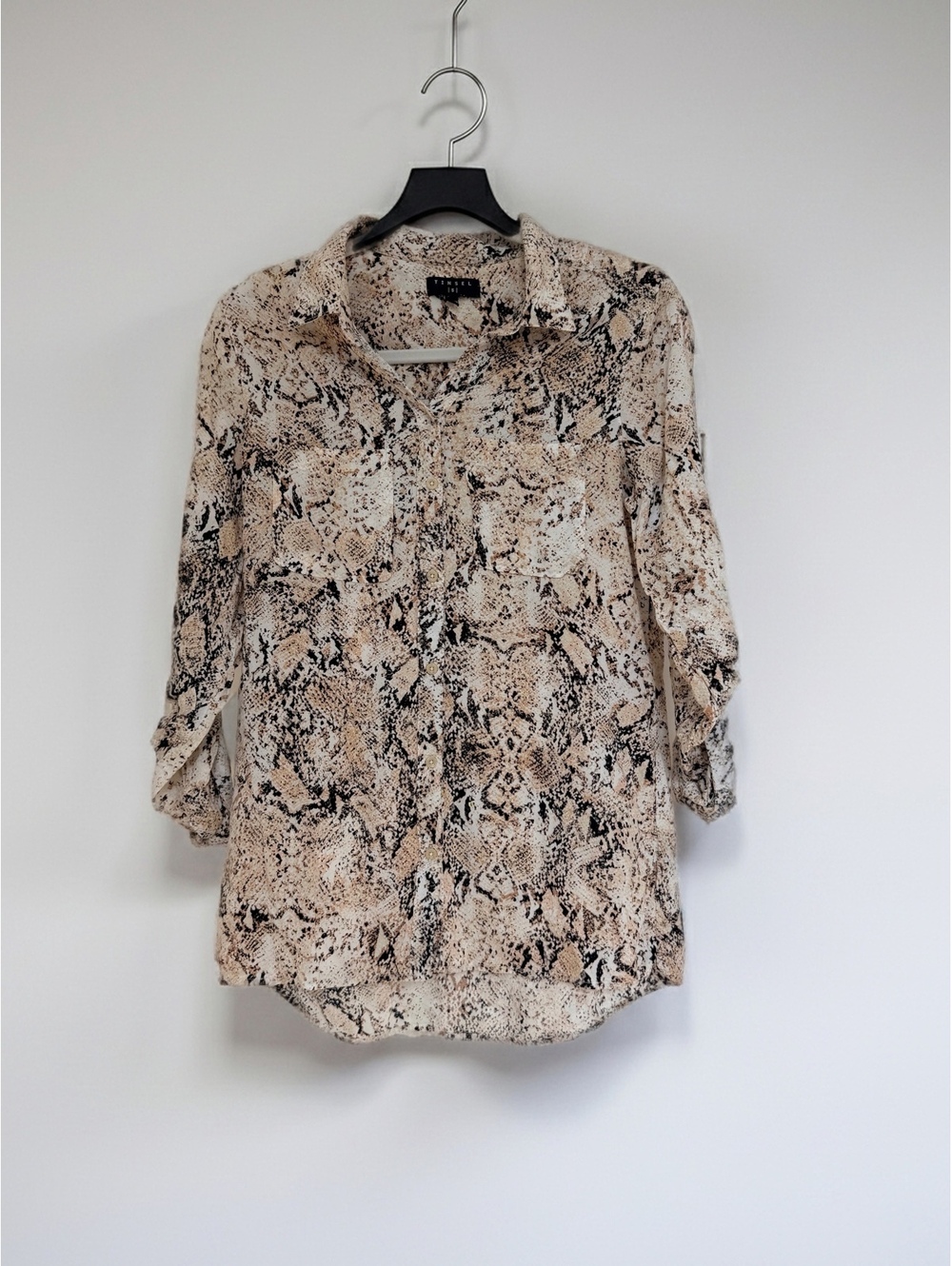 Tinsel Snakeskin Blouse Office Siren Python Button Down Roll Tab Tan Black S